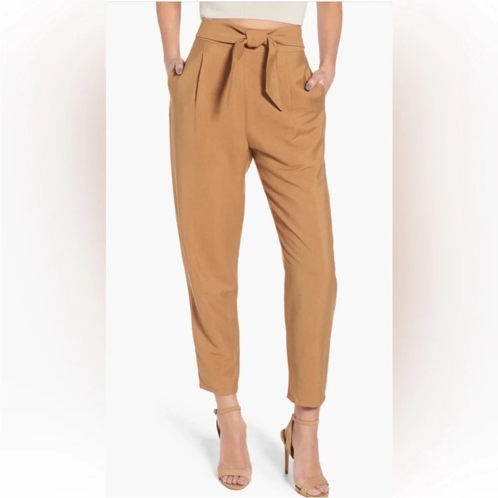 Leith Paperbag Waist Camel High Rise Tie Belt Tapered Ankle Pants Small